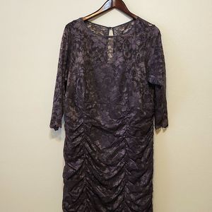 Eliza J Royal Collection Lace Dress Womens 16w Gray Ruched 3/4 Sleeve Bodycon